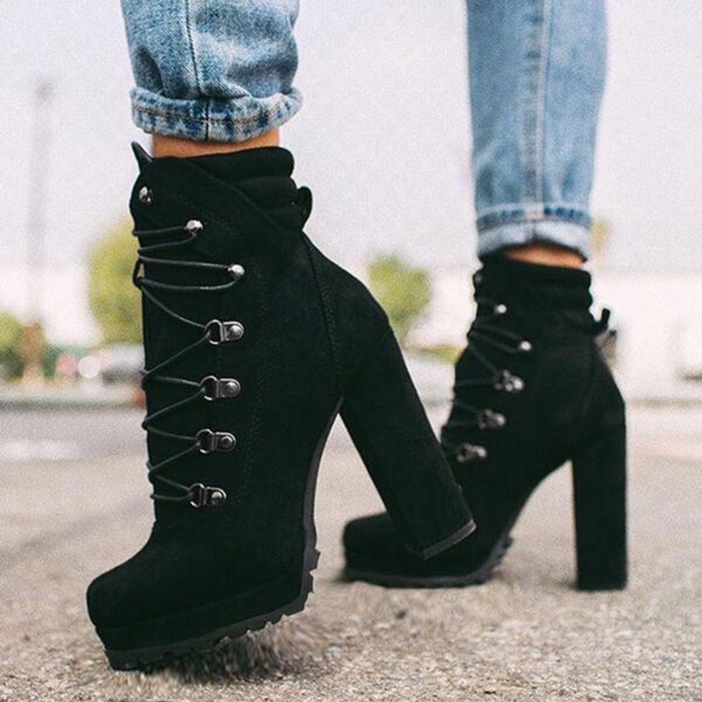 Suede D-Ring Lace Up Platform Booties